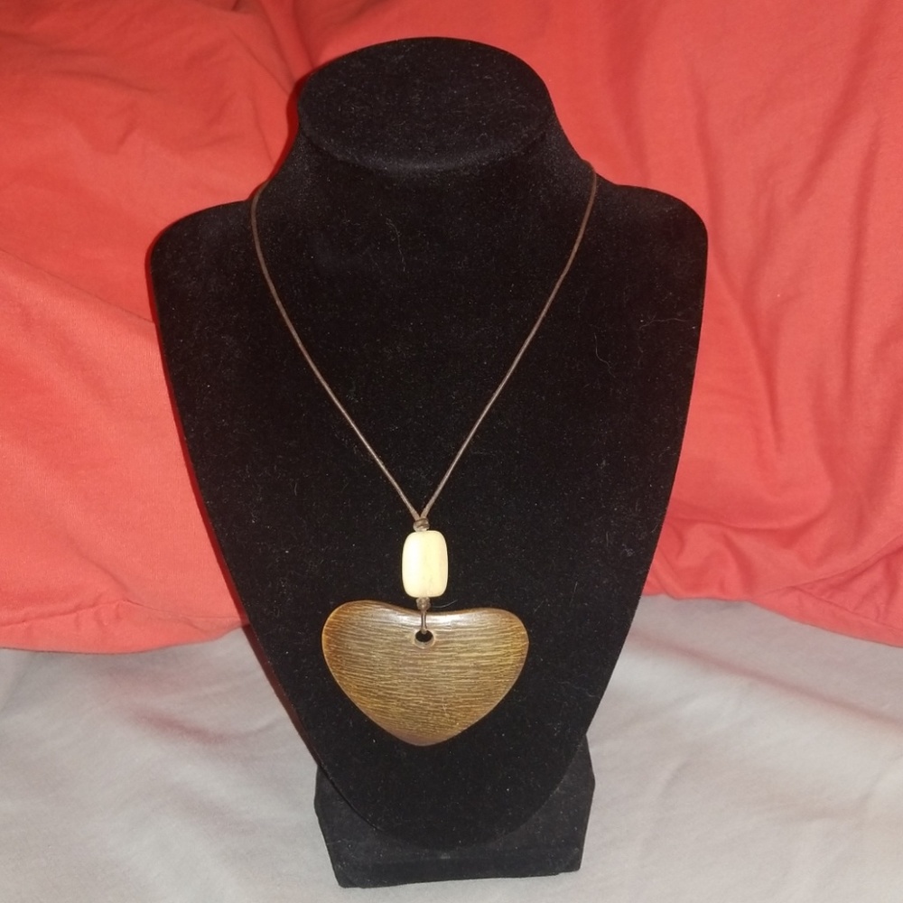 Leather Cord Wood Heart & white Stone 17" Necklace